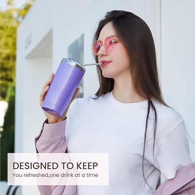 MEWAY 20oz Tumbler 8 Pack Double Wall Vacuum Insulated Travel Glitter Mug Bulk, Stainless Steel Tumblers with Lid and Straw, Powder Coated Coffee Cups for Woman(Rainbow Purple,Set of 8)