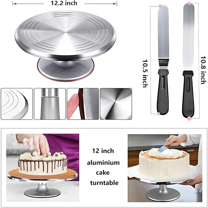 198 Pcs Cake Decorating Kit with Aluminium Alloy Cake Turntable,24 Numbered Icing Piping Tips,2 Couplers,2 Cake Spatulas,3 Comb Scrapers,8 Carved Pens, 50 Pastry Bags,50 Cake Flags
