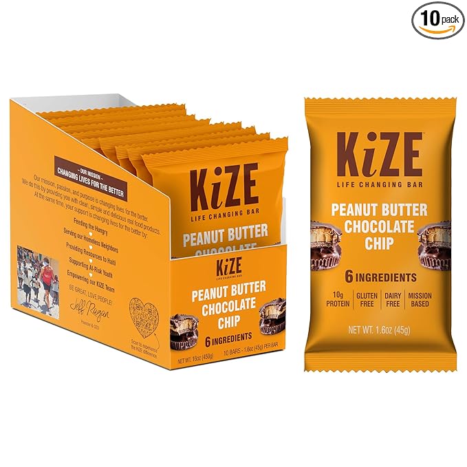 KiZE Energy Bars - Peanut Butter Chocolate Chip - Gluten Free, Dairy Free, Non-GMO, and High Protein Meal Replacement Energy Bars, Clean and Simple Food Ingredients - 10g High Protein Snacks, (10 Count)