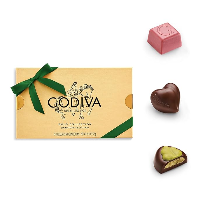 Godiva Green Bow Gold Assorted Chocolate Gift Box, Belgian Dark and Milk Chocolates with Pralinés, Ganaches & Caramels, Gourmet Holiday Gift, Non-GMO & Kosher, 15 Pc