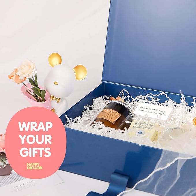 HAPPY POTATO 5 Large Gift Boxes with Ribbon 13.5x9x4.1 Inches, Blue Gift Boxes with Lids, Groomsmen Proposal Boxes, Magnetic Boxes for presents (Glossy Blue, Pack of 5)