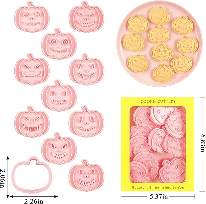 10 Pcs Halloween Cookie Cutters Set with Plunger Stamps, 3D Pumpkin Plastic DIY Cookie Molds for Halloween Party Treat, Baking, Fondant, Cake Decor (F10)