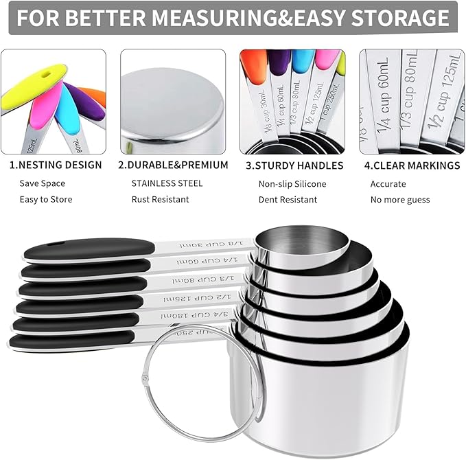 TILUCK measuring cups and magnetic measuring spoons set, stainless steel measuring cups, 6 double-sided stainless steel measuring spoons & 1 leveler (6+7)
