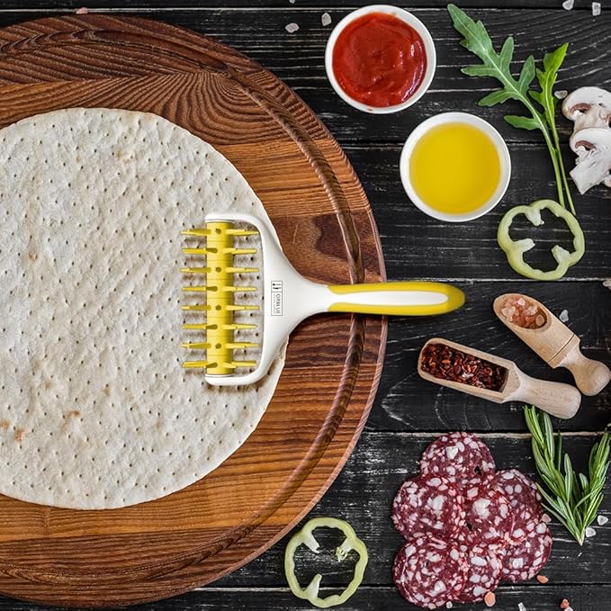 Orblue Pizza Dough Docker, Pastry Roller with Spikes, Pizza Docking Tool for Home & Commercial Kitchen - Pizza Making Accessories that Prevent Dough from Blistering, Yellow