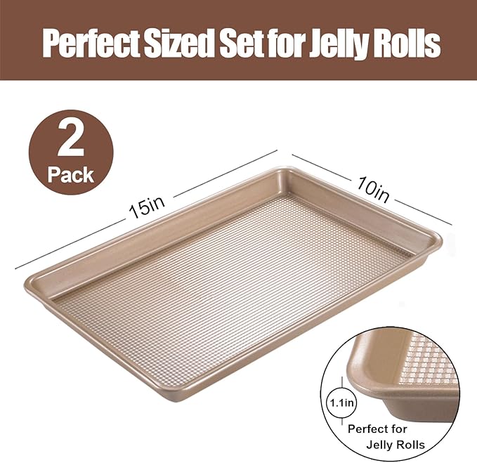 2 Pack Jelly Roll Pan 15x10 Inch, Diamond Texture Nonstick Cookie Sheet, 0.8mm Thick Heavy Duty Steel Baking Tray, Commercial Gold Baking Pans