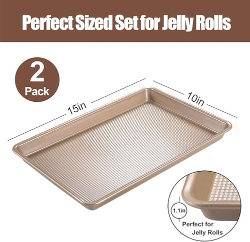 2 Pack Jelly Roll Pan 15x10 Inch, Diamond Texture Nonstick Cookie Sheet, 0.8mm Thick Heavy Duty Steel Baking Tray, Commercial Gold Baking Pans
