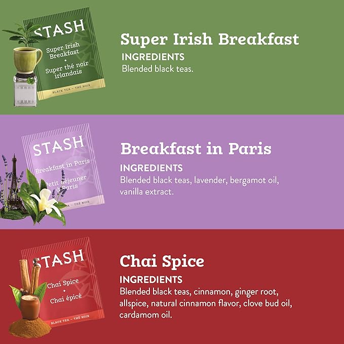 STASH Black Tea Variety Pack – Caffeinated, 6 Boxes of 18-20 Tea Bags Each – Orange Spice, Peach, Double Bergamot Earl Grey, Chai Spice, Super Irish Breakfast & Breakfast in Paris