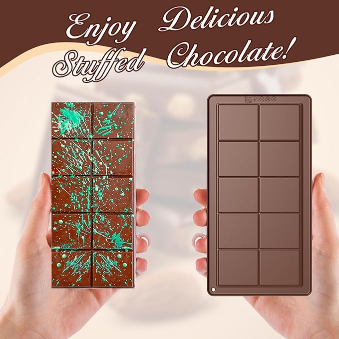 Chocolate Bar Mold 2 Pack, Non-Stick Deep Dubai Chocolate Bar Molds, Silicone, Rectangular Prism, Chocolate Color