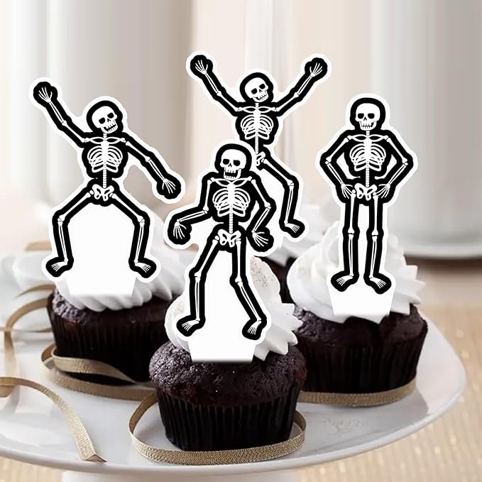 Dancing Skeleton Halloween Cupcake Toppers 48PCS Black Skull Party Cake Decorations Skeleton Cupcake Picks Halloween Birthday Party Decorations for Horror Theme Party Baby Shower Supplies
