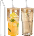 Glass Cups with Lids and Straws, Amber 20 OZ Iced Water Glasses Tumblers for Ice Juice, Tea, Milk, Smoothie and Cold or Hot Drinks, Set of 2