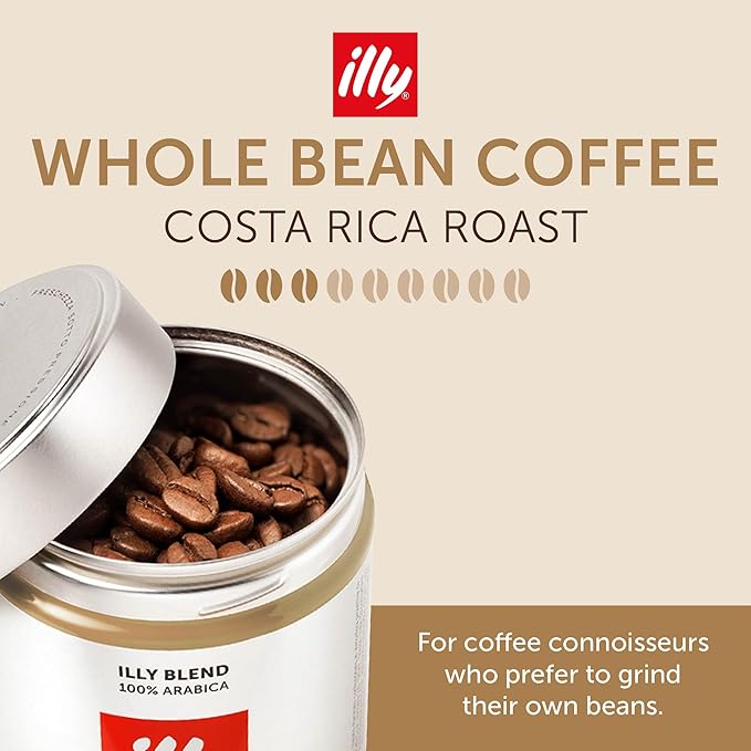 Illy Whole Bean Coffee, Costa Rica Medium Roast - Notes of Caramel, Chocolate, and Vanilla - 100% Arabica - Whole Beans - Pressurized Packaging Sealed for Freshness - 8.8oz can (Pack of 6)