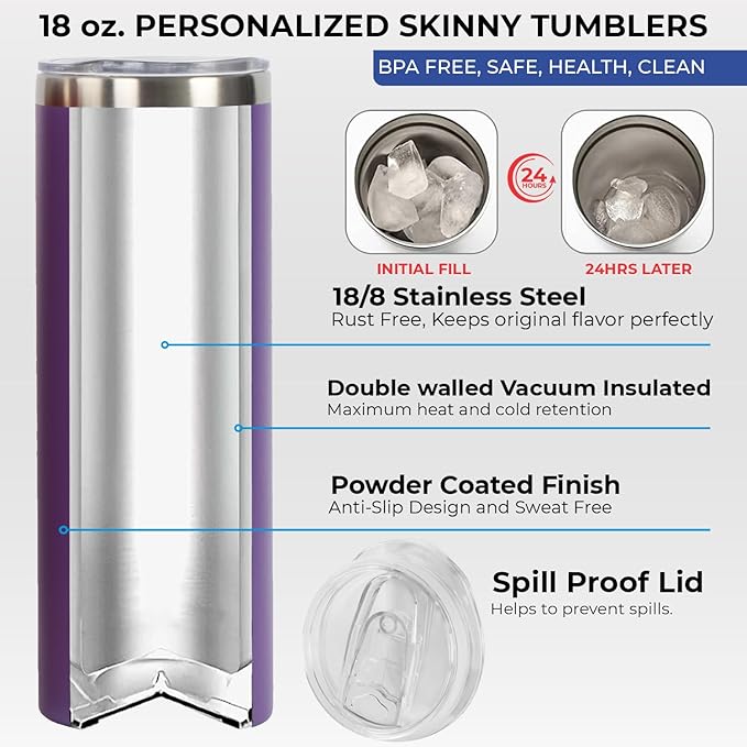 Personalized Skinny Tumbler Gift by iProductsUS. Stainless Steel with Spill-Proof Slider Lid and Straw - Customized Vacuum Insulated Holaday Mug. Several Designs and 10 Colors 20oz (Light Purple)