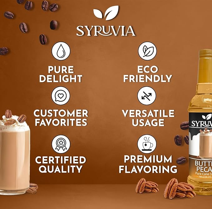 Syruvia Butter Pecan Syrup For Coffee 25.4 Oz. - Kosher & Gluten Free, No Coloring, Perfect for Drinks, Soda, Shakes, Desserts, and More.