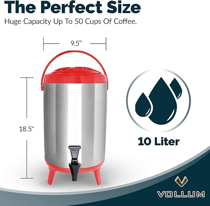 Stainless Steel Insulated Beverage Dispenser – Insulated Thermal Hot and Cold Coffee Carafe – 12 Liter Drink Dispenser with Spigot for Hot Water, Tea & Coffee, Cold Milk, Juice & More RED