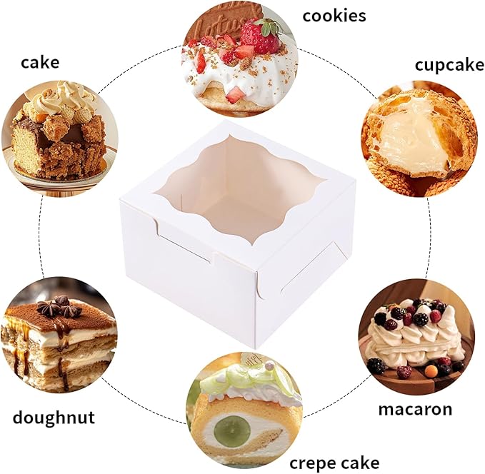 25pcs White Small Cake Box,4x4x2.5 Inch Bakery Boxes with Window,gift boxes bulk for Mini Cake Pastry Dessert Strawberries Chocolates Cupcakes with Stickers