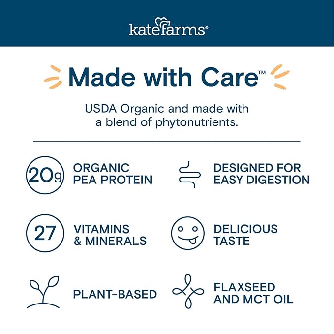 KATE FARMS Organic 1.4 High Calorie Nutrition Shake, Plain, 20g Protein, 27 Vitamins and Minerals, Meal Replacement, Protein Shake. 11 oz (12 Pack)