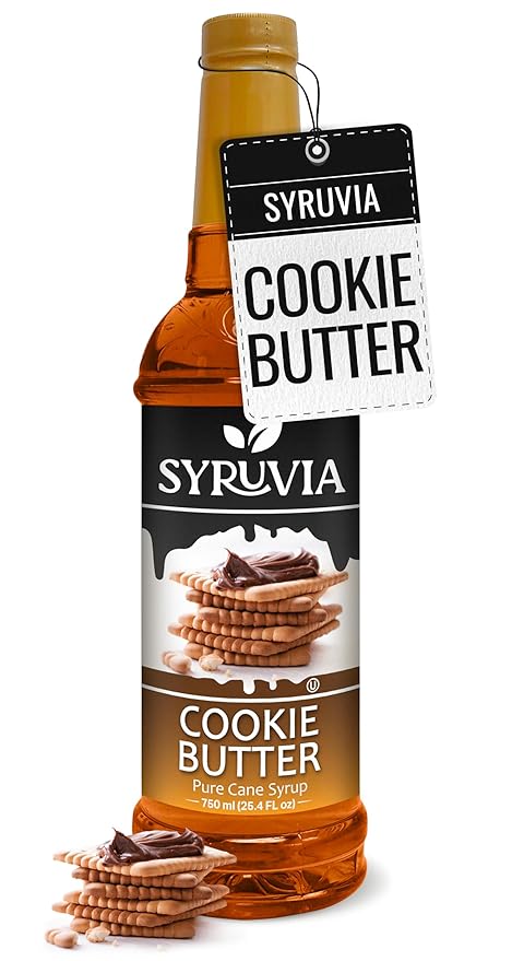 Syruvia Cookie Butter Coffee Syrup - 25.4 fl oz. Kosher and Gluten-Free. Ideal for Enhancing Drinks, Sodas, Shakes, Desserts, and More.