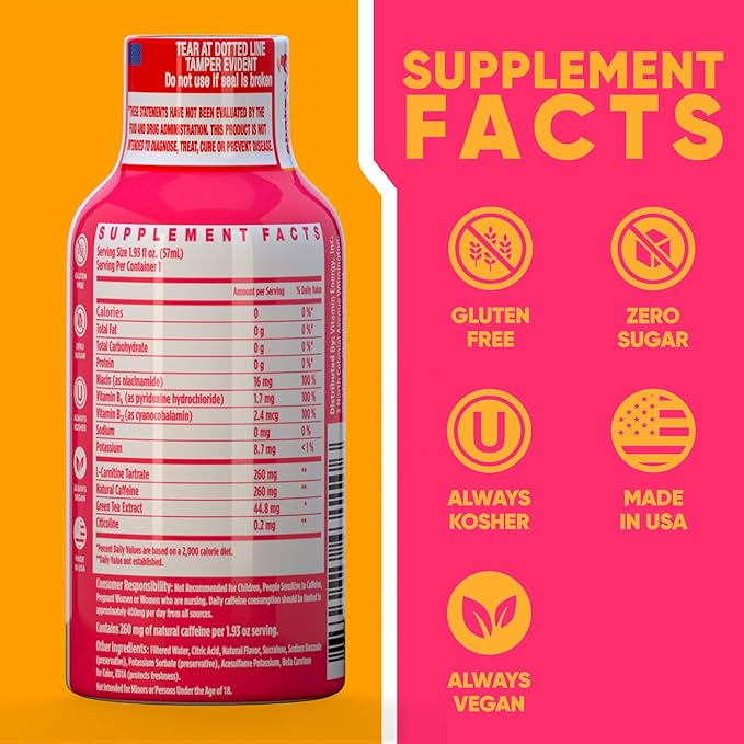 Vitamin Energy Immune+ Extra Strength Energy Shot Strawberry Twist 48 Pack, 260mg Natural Caffeine, B-Vitamins, Citicoline, Green Tea, Immunity & Focus Support, Zero Sugar, Gluten-Free 1.93 fl oz