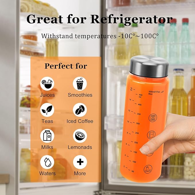 2 Pack Juice Bottles with Caps - Wide Mouth Resuable Clear Plastic Water Bottles for Juicing,Smoothie,Protein, Beverage,Storage Containers,BPA Free,Leakproof Stainless Steel Lid(16 Ounces)