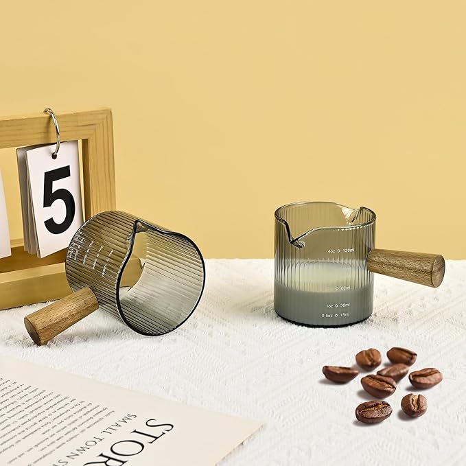 Glass Measuring Cup, 4oz Espresso Shot Glass with Wood Handle, Double Spouts Measuring Triple Pitcher Milk Cup for Coffee Tea (Gray Ribbed）