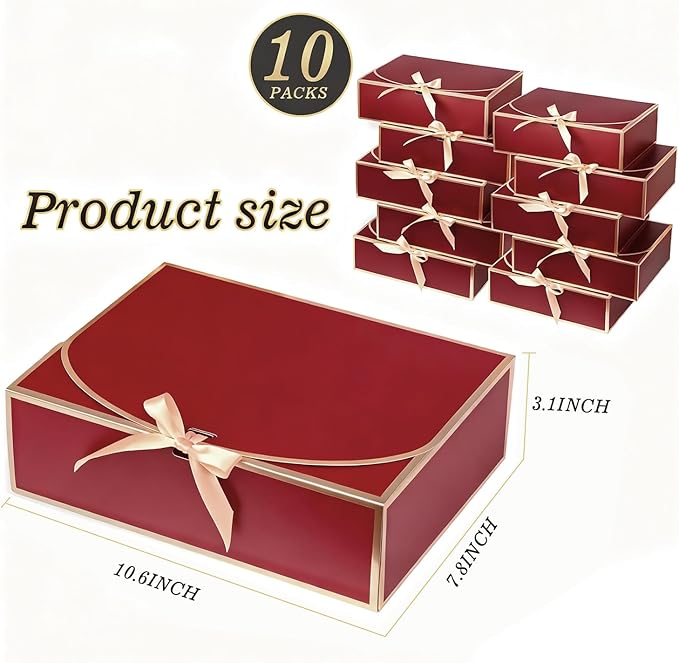 WLUSEAXI 10Pack Red Gift Boxes, 10.6x7.8x3.1Inch Bridesmaid Proposal Box with Ribbons, Gift Boxes with Lids for Presents, Mother's Day, Wedding, Groomsmen Proposal, Birthday Party
