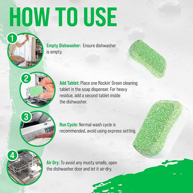 Rockin' Green Dishwasher Cleaner Tablets (24 Pack) - Septic Safe Dishwasher Cleaning Tablets Dishwasher Cleaner and Deodorizer Dishwashers Tablet Remove Build Up with Citric Acid (Sweet Child O'Lime)