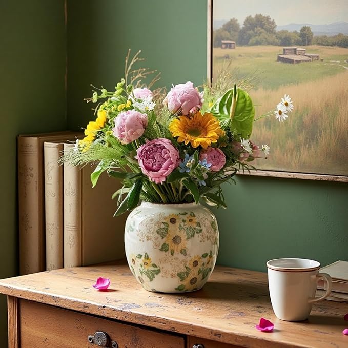 Round Pastoral Ceramic Vase, 6.3 Inch Chinoiserie Sunflower Yellow Floral Vases, Retro Ice Cracked Rustic Antique Flower Vases for Rustic Living Room Home Decor (Large Round)