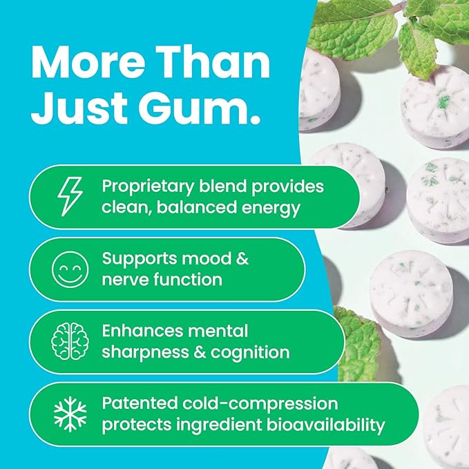Neuro Energy & Focus Gum - 40mg Natural Caffeine Gum & Nootropic Energy Supplement with L-Theanine & B Vitamins - Sugar Free, Vegan - Spearmint, 54ct