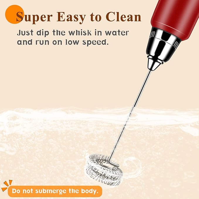 Milk Frother Handheld Rechargeable with Stand, Frother Wand Drink Mixer Electric Whisk for Coffee, Detachable With 3 Stainless Whisks, Hand Mixer for Lattes, Cappuccino, Matcha, Egg, Red