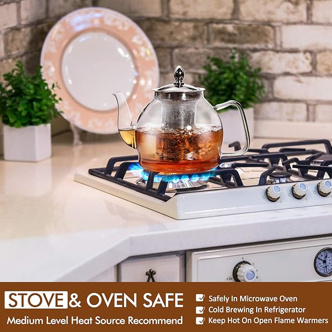 HIWARE 1000ml Glass Teapot with Removable Infuser, Stovetop Safe Tea Kettle, Blooming and Loose Leaf Tea Maker Set