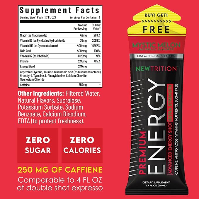 NewTrition® Extra Strength Energy Shots, 250mg Caffeine Energy Shots with Vitamin B & Amino Acids, Sugar-Free Vitamin Energy Shot, 1.7 fl oz (Pack of 12, Mystic Melon)