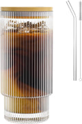 16OZ Ribbed Glass Cups with Lids and Straws,Iced Coffee Cups with Lid,Vintage Glassware for Whiskey Cocktail Beer Fruit Juice Glasses Tumbler(1Pack)