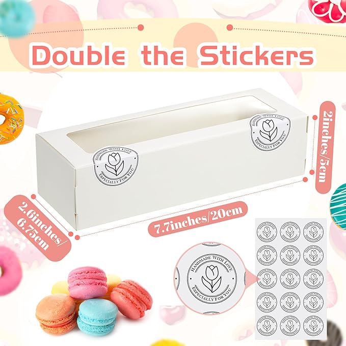 Sherr 50 Pcs White Macaron Boxes with Window, Cookies Boxes with 200 Pcs Stickers Long Bakery & Dessert Gifts Containers for Donuts, Pastry, Chocolate Covered Strawberry