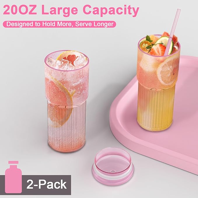 Glass Cups with Lids and Glass Straws, High Borosilicate 20OZ Pink Tumblers (2Pcs) for Coffee, Tea, Juice, Smoothies, Hot & Cold Drinks at Home/Office