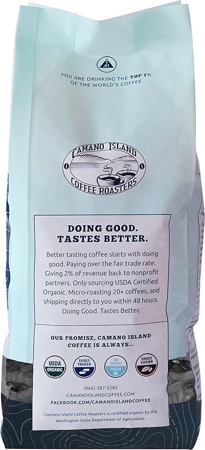 Camano Island Coffee Roasters Decaf Espresso Blend, Whole Bean 2lb, Fresh Dark Roast Swiss Water Processed, USDA Organic, Fairly Traded, Shade Grown Top 1% Arabica, Sweet Molasses, Mixed Berry Flavor