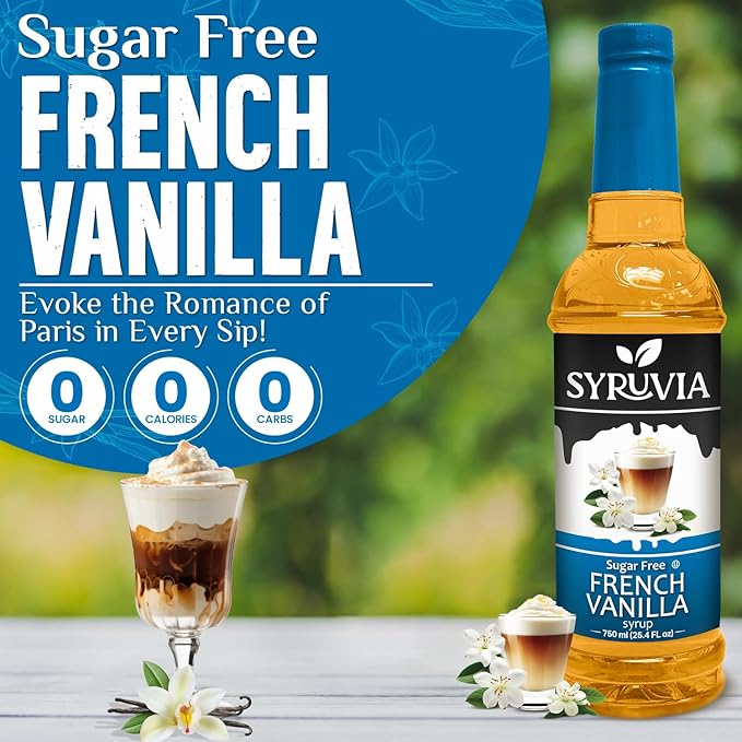 Syruvia Sugar Free Coffee Syrup, French Vanilla Flavored Syrup for Drinks, Lattes, and Desserts – 25.4 fl oz, With Pump
