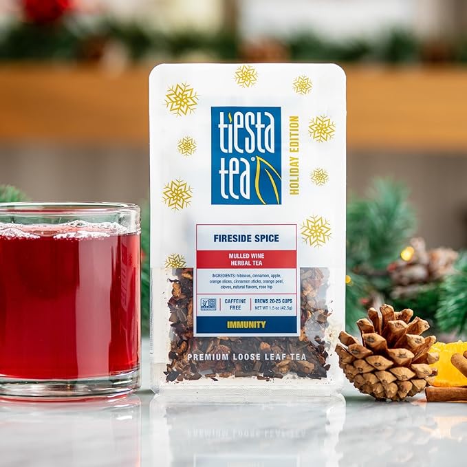 Tiesta Tea - Fireside Spice, Loose Leaf, Mulled Wine Herbal Tea, Premium Non-Caffeinated Holiday Blend, Make Hot or Iced, Brews Up to 25 Cups, 1.5 Ounce Resealable Pouch