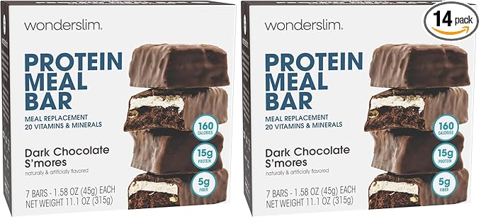 WonderSlim Meal Replacement Protein Bar, Dark Chocolate S'mores, 15g Protein, 20 Vitamins & Minerals (7ct) (Pack of 2)