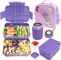 Preppy Lunch Box for Girls with 10oz Thermo, with 6 Compartment Bento Box, Purple Nylon Insulated Lunch Bag Adjustable Strap for Girl Kids Teens School Travel Picnic