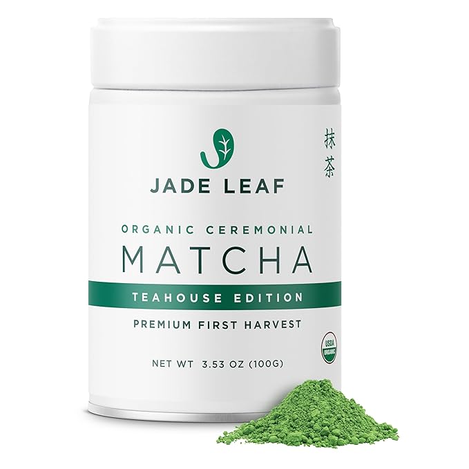 Jade Leaf Matcha Organic Premium Ceremonial Grade Matcha Green Tea Powder - Japanese - Culinary, Ingredient, Ceremonial Barista Teahouse, Latte, Collagen, 3.53 Ounce (Pack of 1), Ceremonial Teahouse Tin