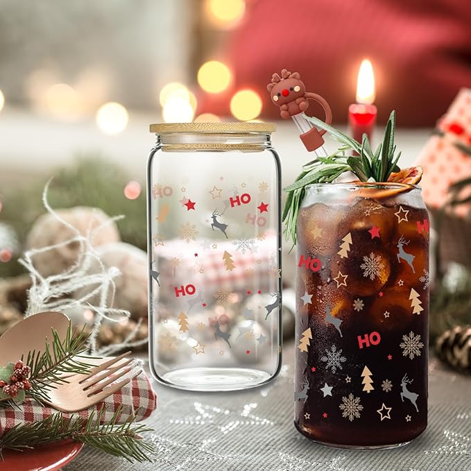 Christmas Reindeer Glass, 16 Oz Winter Iced Coffee Glass with Straw and Lid, Reindeer Themed Perfect for Christmas and Holiday Celebration Decorations (One)