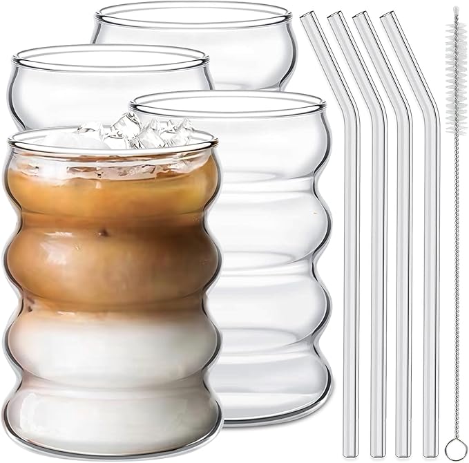 4 Pcs Drinking Glasses with Glass Straw 14oz Glassware Set,Cocktail Glasses,Iced Coffee Glasses,Beer Glasses,Ideal for Water,Soda,Tea,Gift - with Cleaning Brushe
