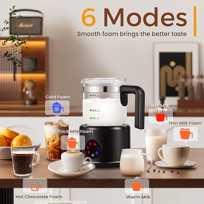 Milk Frother and Steamer, 6 in 1 Milk Steamer and Milk Warmer, 17oz Auto Shut Off Electric Frother with Touch Screen, Hot/Cold Foam Maker for Coffee, Latte, Cappuccino, Hot Chocolate