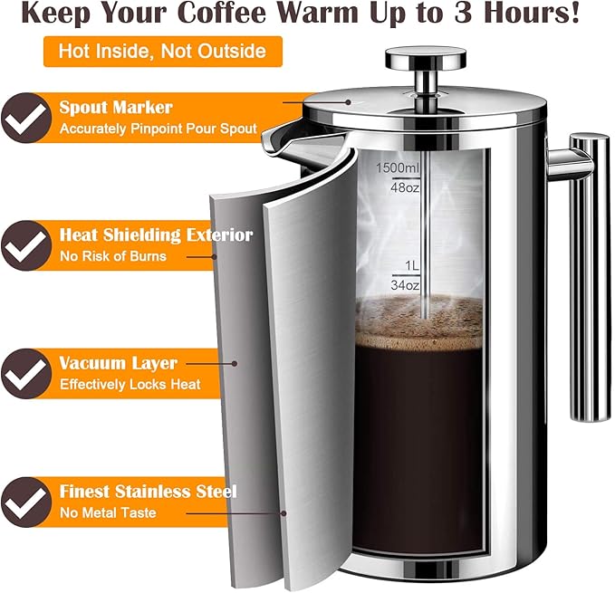 French Press Coffee Maker, 1.5L Double Insulated 304 Stainless Steel Tea Maker 4 Level Filtration System, No Coffee Grounds, Rust-Free, Dishwasher Safe 50oz Coffee Press for Family Party