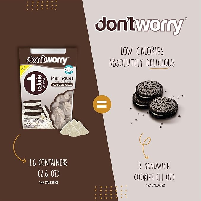 Don't Worry Low Calorie Meringue Cookies - 4 Pack - Cookies & Cream, Just 1 Calorie per Piece | Low Sugar Candy, Gluten Free, Protein Snacks | Keto Friendly and Healthy Snacks for Adults