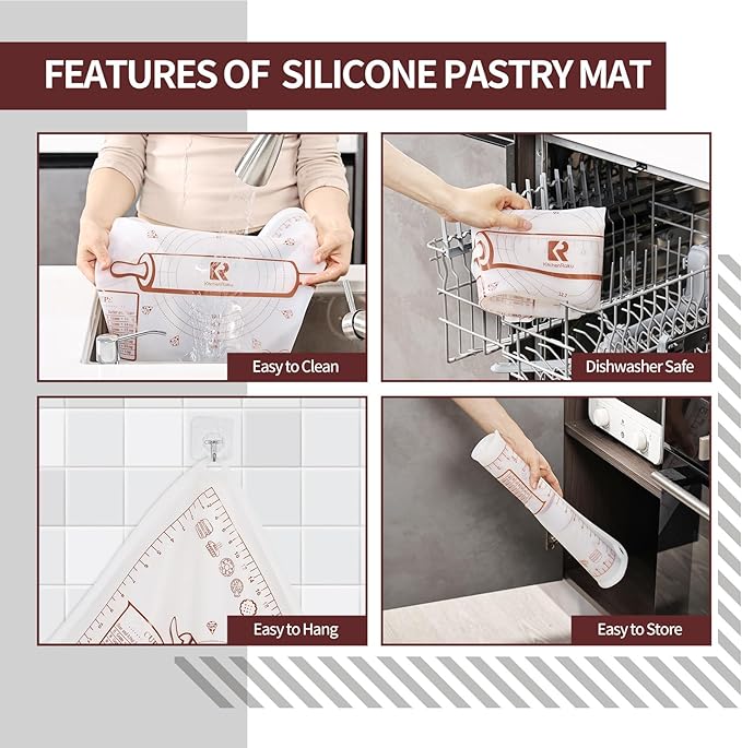 Silicone Baking Mat, Extra Thick Dough Rolling Pad with Measurements and Edge Heightening, Non-stick Food Grade Silicone Pastry Mat for Pastry, Bread, Cookies (Transparent, 16"L x 24"W)