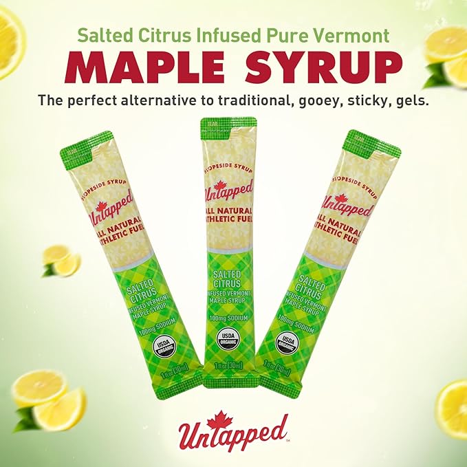 UnTapped Salted Citrus Infused Vermont Maple Syrup Packets for Athletes, Box of 20 - 1 fl oz | Pure Maple Syrup with Refreshing Citrus Flavor and Sea Salt for Endurance Energy | Fuel to Keep You Running Longer