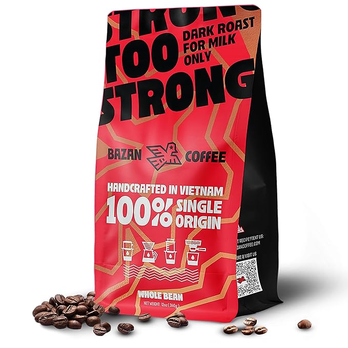 BAZAN COFFEE - Too Strong Robusta Vietnamese Whole Bean Coffee Dark Roast, Single Origin, High Caffeine & Low Acid Coffee, Bold Espresso Beans for Espresso Lovers, Full Bodied Flavor - 12oz bag