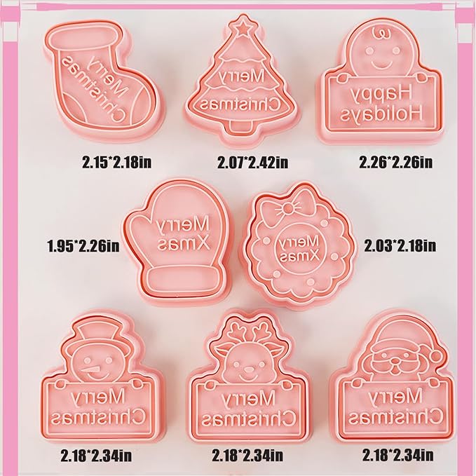 8pcs Christmas Cookie Cutter Set Merry Christmas Cookie Cutters with Plunger Stamps Biscuit Mold 3D Snowman Cookie Molds Cake Baking Fondant Cutter Christmas Party DIY Cookie Decorating Supplies (L8)