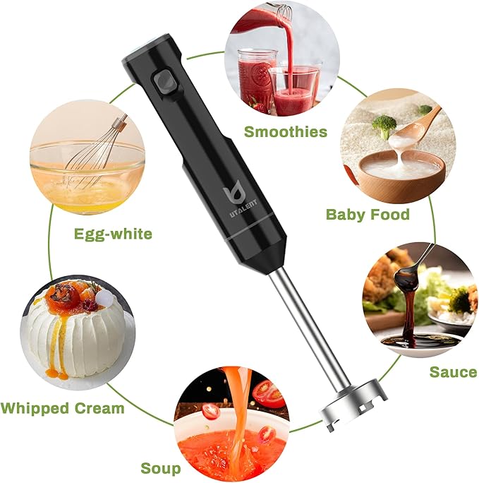 Cordless Hand Blender, UTALENT Variable Speed Immersion Blender handheld Rechargeable, with USB-C Charging Cable, Egg Whisk, for Smoothies, Milkshakes, Hummus and Soups – Black